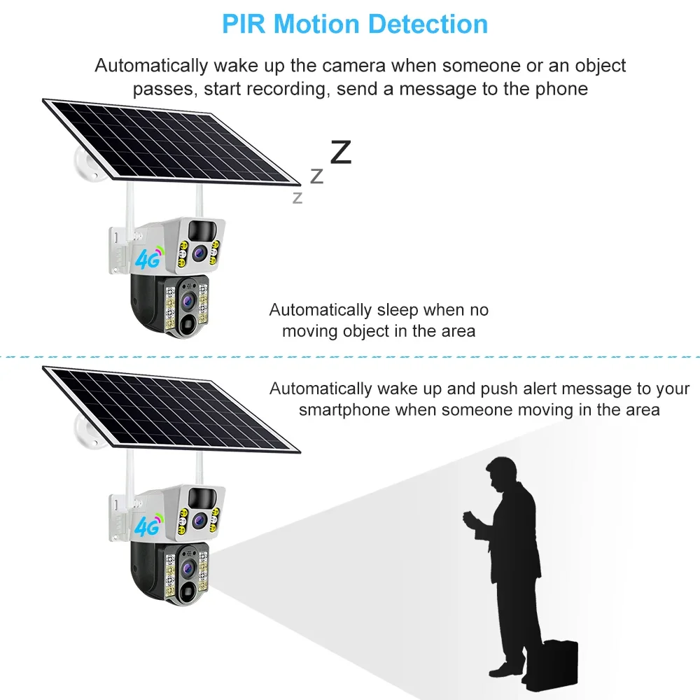4K 4G SIM Card Dual Lens Screen Solar Camera 8MP Surveillance PTZ Battery Camera Color Night Vision PIR Detection Audio V380 Pro