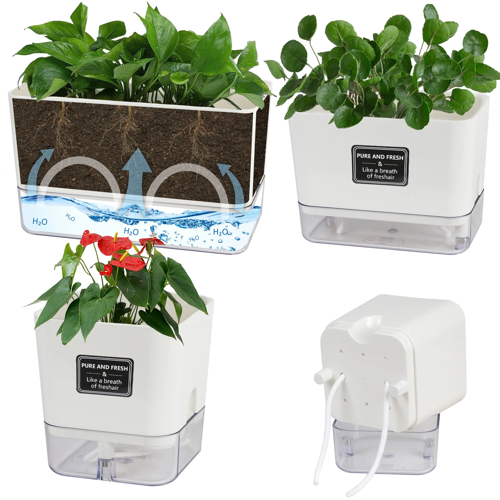 4 Pack Self Watering Planters for Indoor Plants White Square Plant Pots Automatic Moisturizing Self Watering Flower Pots Decor